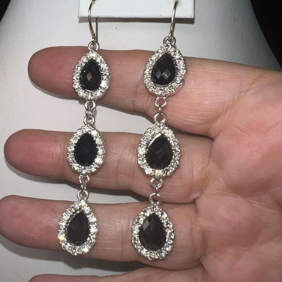 Silver Tone Black Crystal Pear Halo Dangle Earrings - Picture 7 of 7